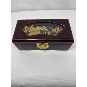 Vintage Dark Red Lacquer Jewelry Box Ornate Gold Clasp Rose Inlay Lined Interior